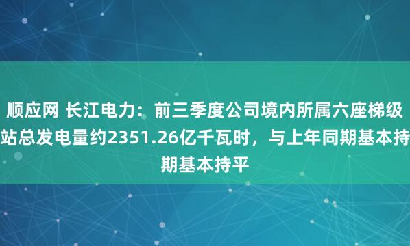 顺应网 长江电力：前三季度公司境内所属六座梯级电站总发电量约2351.26亿千瓦时，与上年同期基本持平